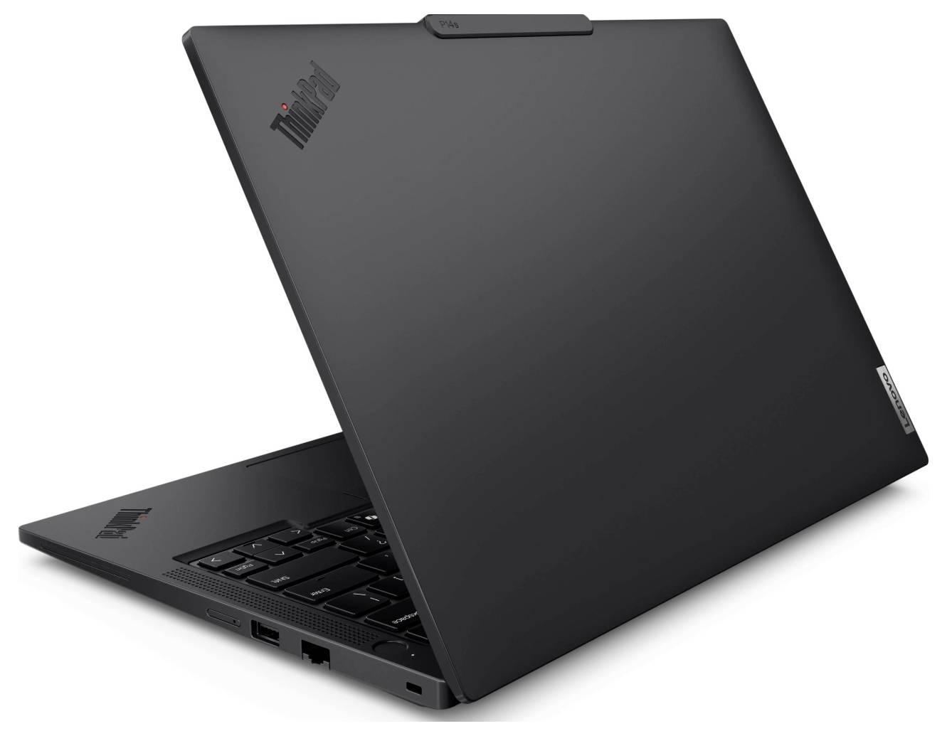 Un ordinateur portable noir, à moitié ouvert, affiche le logo Lenovo sur son boîtier. Le clavier et les ports sont visibles sur le côté gauche.
