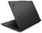 Un ordinateur portable noir, à moitié ouvert, affiche le logo Lenovo sur son boîtier. Le clavier et les ports sont visibles sur le côté gauche.