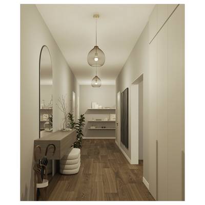 Un couloir moderne avec un sol en bois, une console, des plantes, des suspensions et un grand miroir. La décoration est minimaliste et élégante.