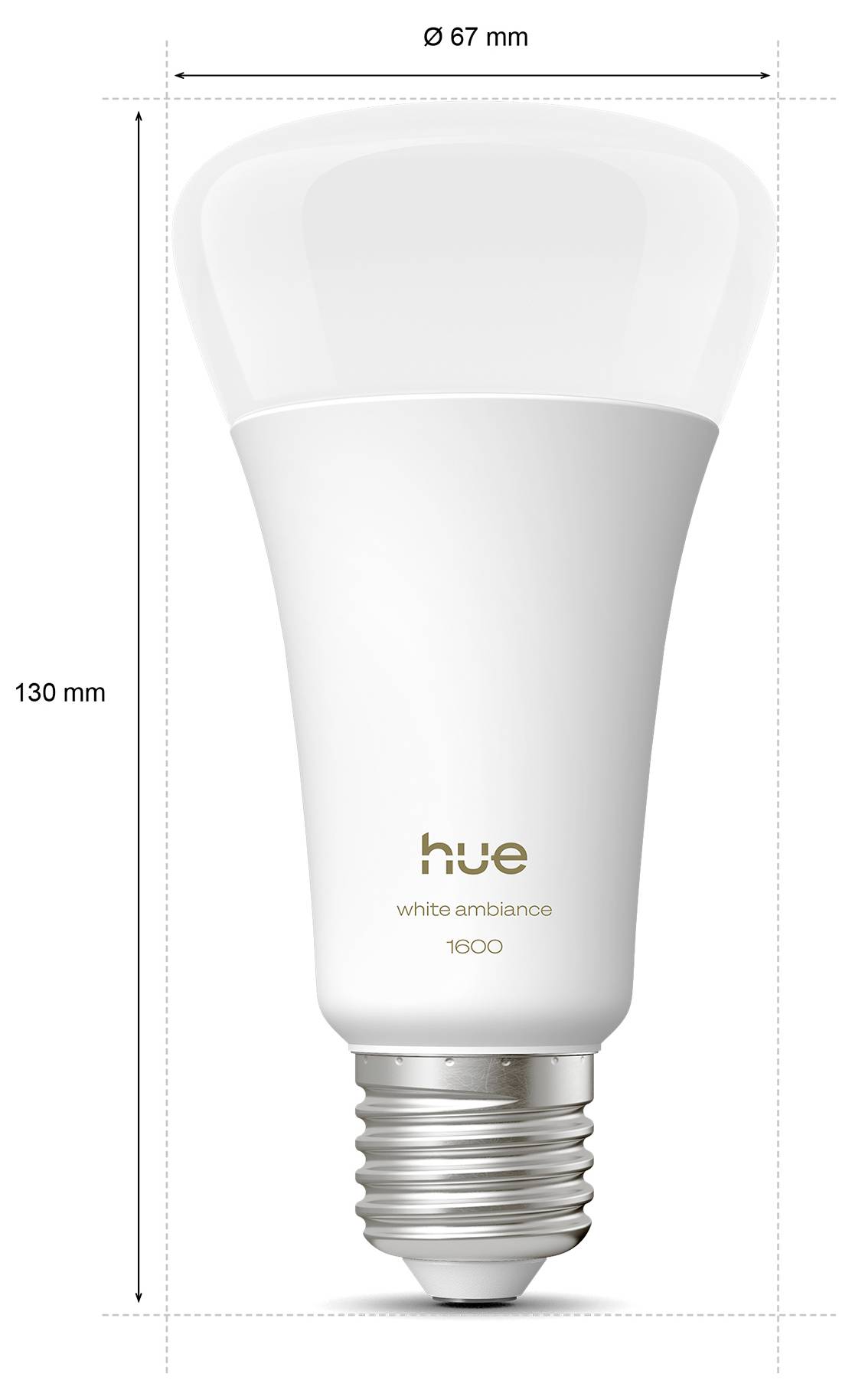 Une ampoule blanche « hue white ambiance 1600 » est présentée avec les dimensions suivantes : 67 mm de diamètre et 130 mm de hauteur.