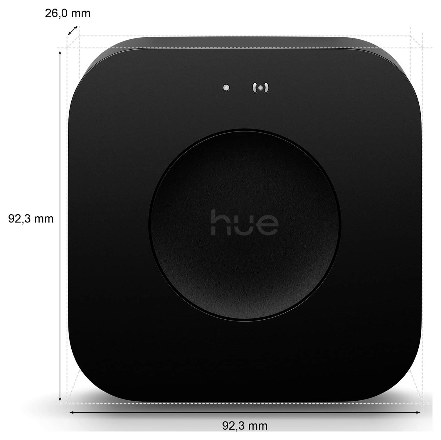 Un appareil carré, noir, étiqueté 'hue' avec des dimensions de 92,3 mm sur 92,3 mm et d'une épaisseur de 26,0 mm. Doté d'un cercle central et d'une icône de connectivité.