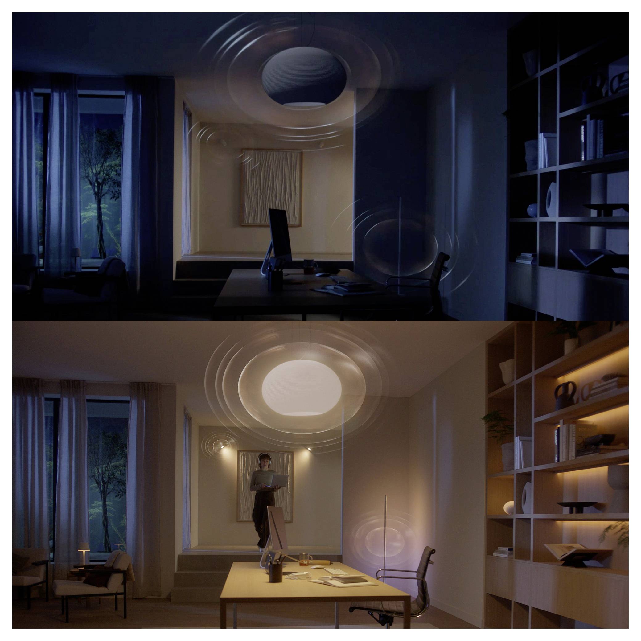 Deux images comparent une pièce la nuit : en haut, la pièce est faiblement éclairée, mettant en valeur les œuvres murales ; en bas, la pièce est brillamment illuminée avec une personne debout.