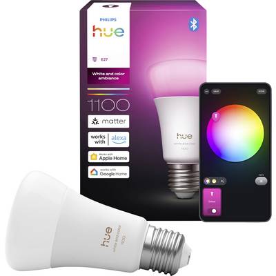 Ampoule intelligente Philips Hue avec ambiance blanche et couleur ; l'emballage indique la compatibilité avec Alexa, Apple Home et Google Home.
