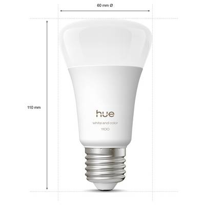 Une ampoule intelligente blanche étiquetée « hue white and color 1100 ». Dimensions : 110 mm de hauteur, 60 mm de diamètre.