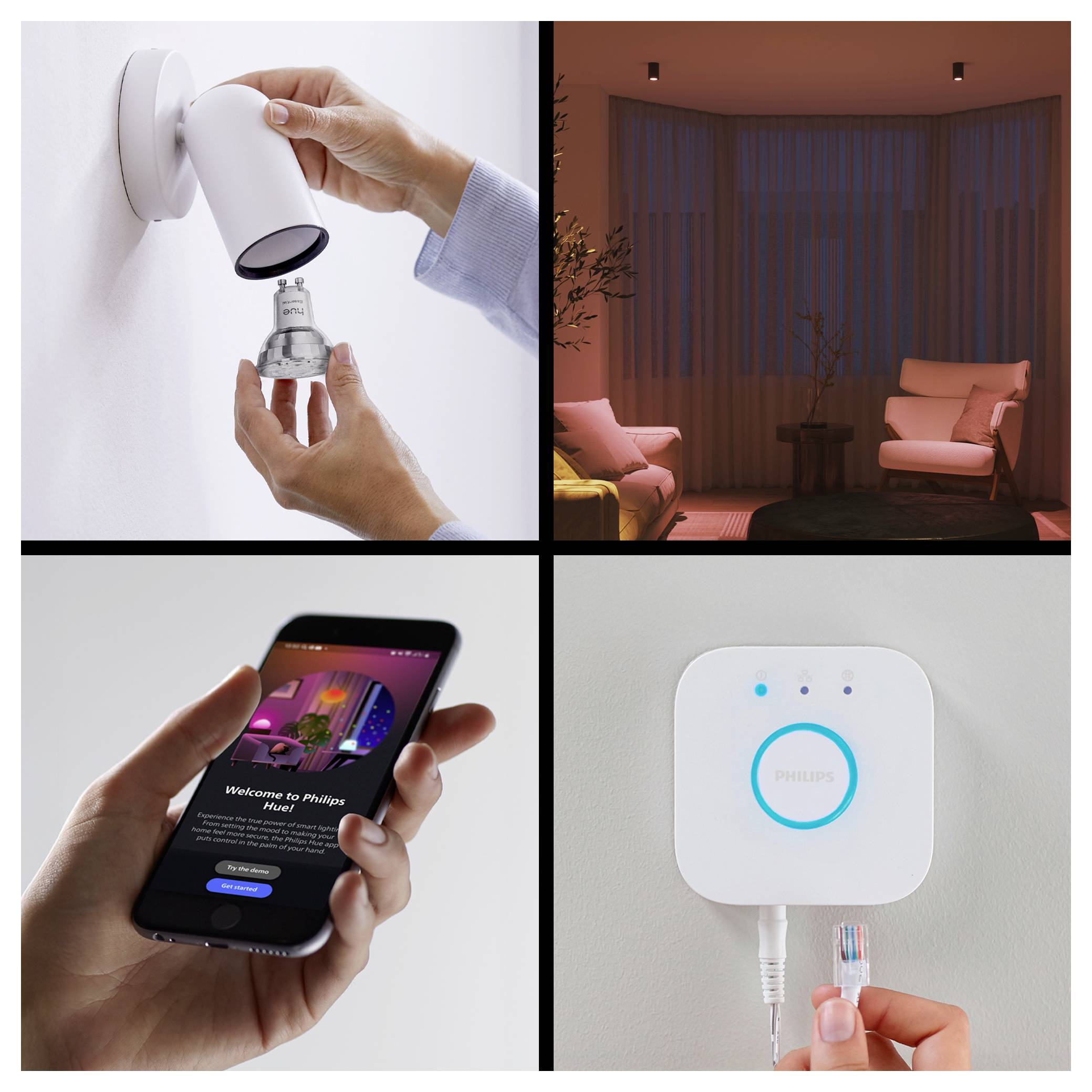 Un montage montrant : une personne installant une ampoule connectée ; une pièce avec un éclairage doux ; une main tenant l'écran d'une application de smartphone ; un appareil de hub intelligent.