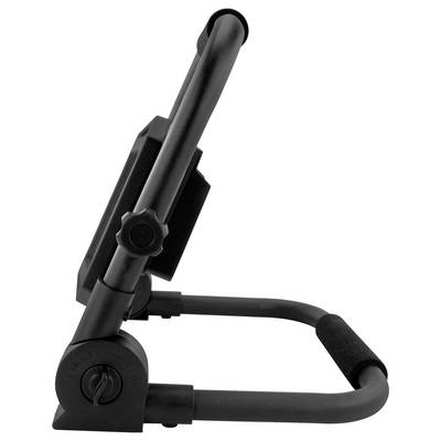 Un support portable pour ordinateur portable noir, réglable, avec une vue de côté, montrant ses articulations et une poignée, conçu pour une utilisation ergonomique sur des surfaces planes.
