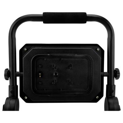 L'image montre le panneau arrière d'une lampe portable ou d'un projecteur noir avec une poignée et un support de montage ajustable, vue du dessus.