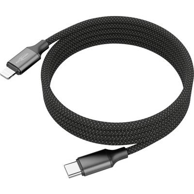 Un câble USB-C vers Lightning tressé noir et enroulé, conçu pour la charge et le transfert de données entre des appareils compatibles.