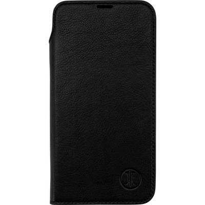 Un étui de téléphone en cuir noir à surface texturée, avec un logo embossé dans le coin inférieur droit.