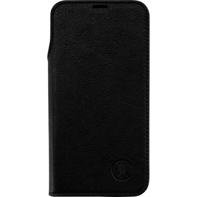 Un étui de téléphone en cuir noir à surface texturée, avec un petit logo circulaire embossé près du coin inférieur.