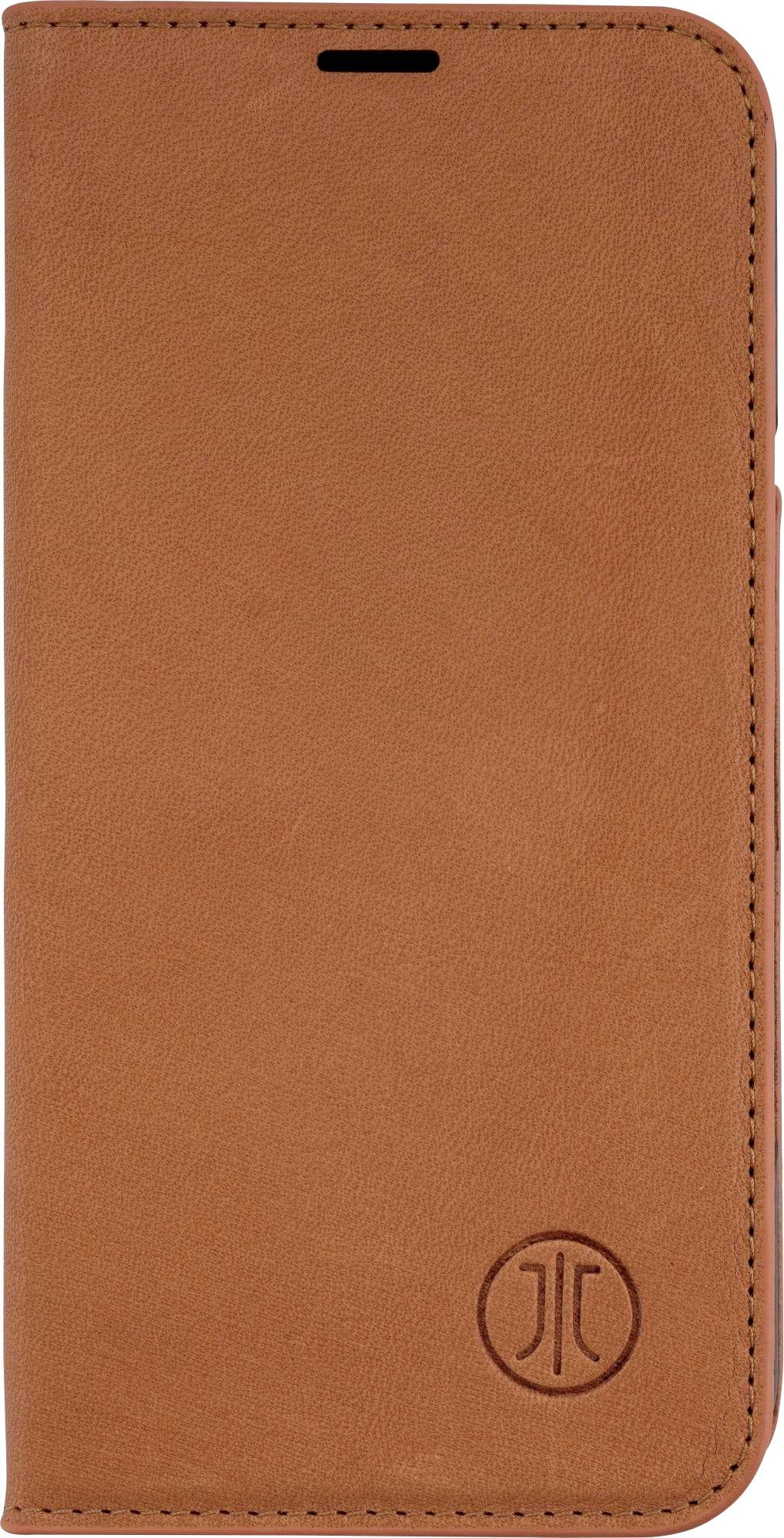 Un étui de téléphone en cuir marron avec une bordure cousue et un logo circulaire embossé dans le coin inférieur droit.