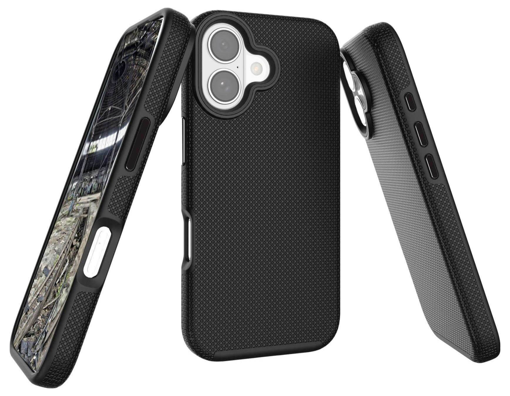 Vue triple d'un étui de téléphone noir à texture. L'étui présente des découpes pour l'appareil photo et des emplacements pour les boutons. Une vue montre un paysage urbain à l'écran.