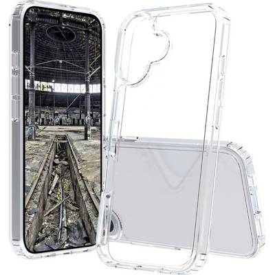 Un étui de téléphone transparent met en valeur un écran de smartphone affichant une gare ferroviaire industrielle et abandonnée. L'étui dispose de bords surélevés pour une protection renforcée.