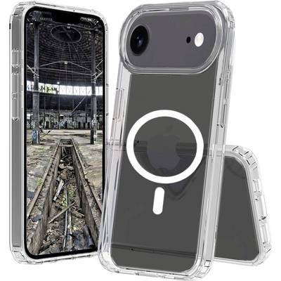 Des étuis de téléphone transparents placés sur un téléphone, avec l'étui arrière présentant un design circulaire. L'écran en arrière-plan montre un entrepôt abandonné.