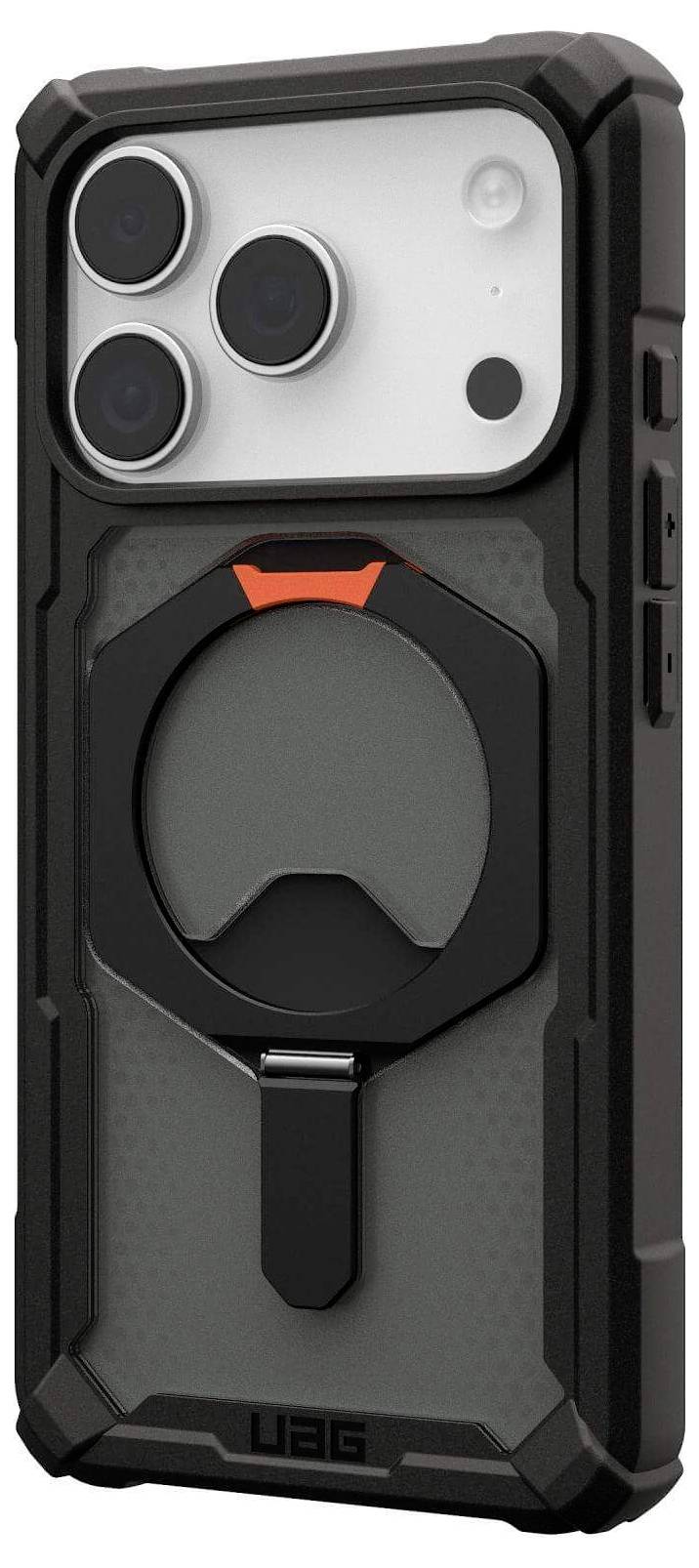 Un étui de téléphone robuste avec un support métallique, un dos texturé et des découpes précises pour trois objectifs de caméra. Logo de marque 'UAG' en bas.