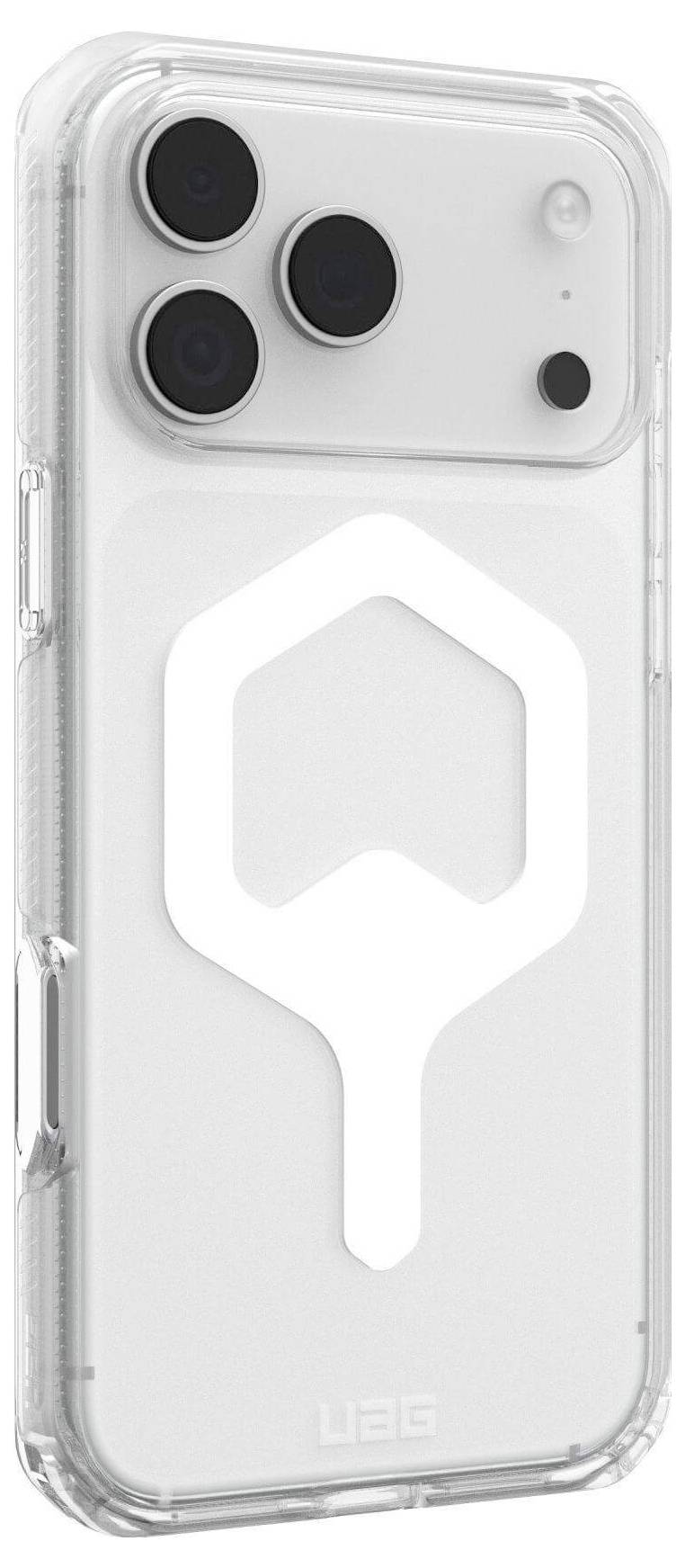 Étui de téléphone transparent pour smartphone avec trois objectifs de caméra, présentant un design géométrique blanc à l'arrière.