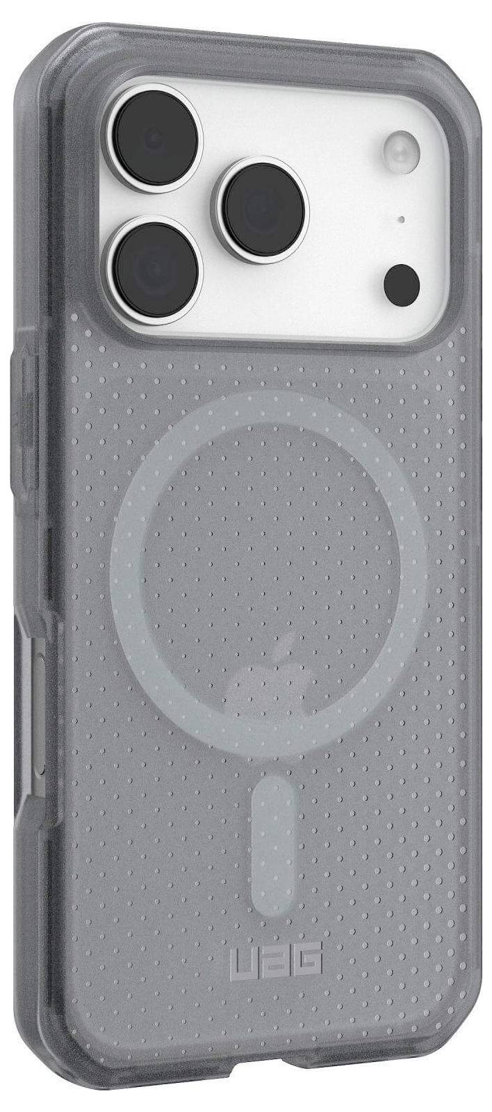 Un étui de téléphone transparent avec un motif texturé et une grande découpe pour l'appareil photo, révélant la configuration de l'appareil photo arrière et la conception MagSafe.