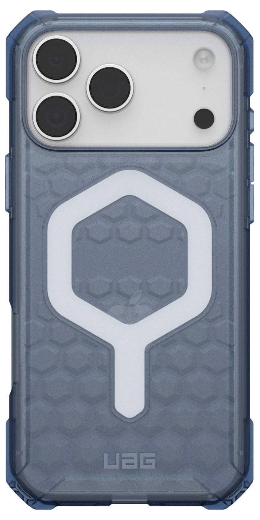Une coque de téléphone avec un motif hexagonal et trois ouvertures pour objectifs photo, arborant le logo UAG proéminent et une palette de couleurs bleu et blanc.