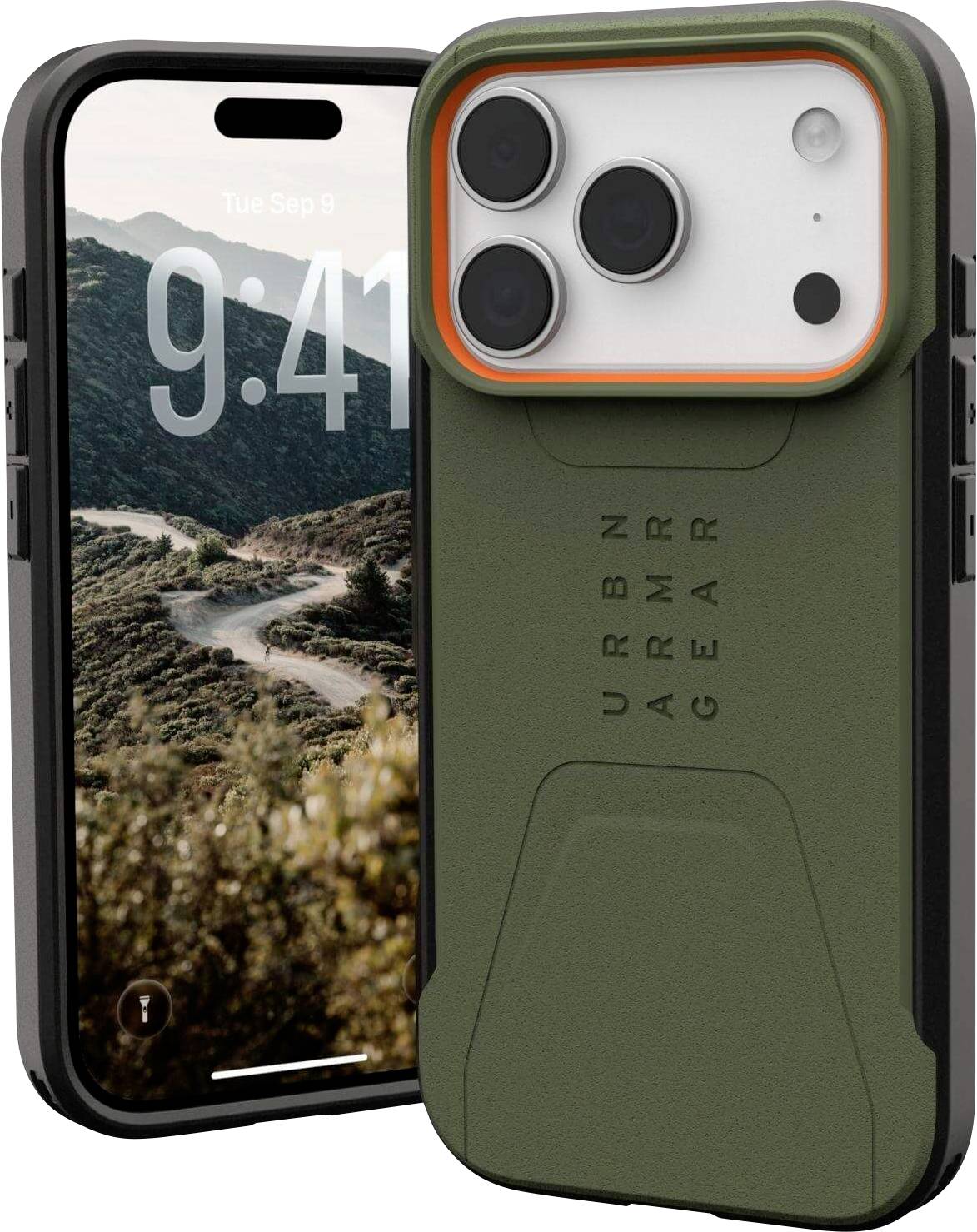 Un étui de téléphone robuste de couleur verte avec des accents orange sur un smartphone, affichant un écran de verrouillage indiquant la date « Mar 9 Sep » et l'heure « 9:41 ».