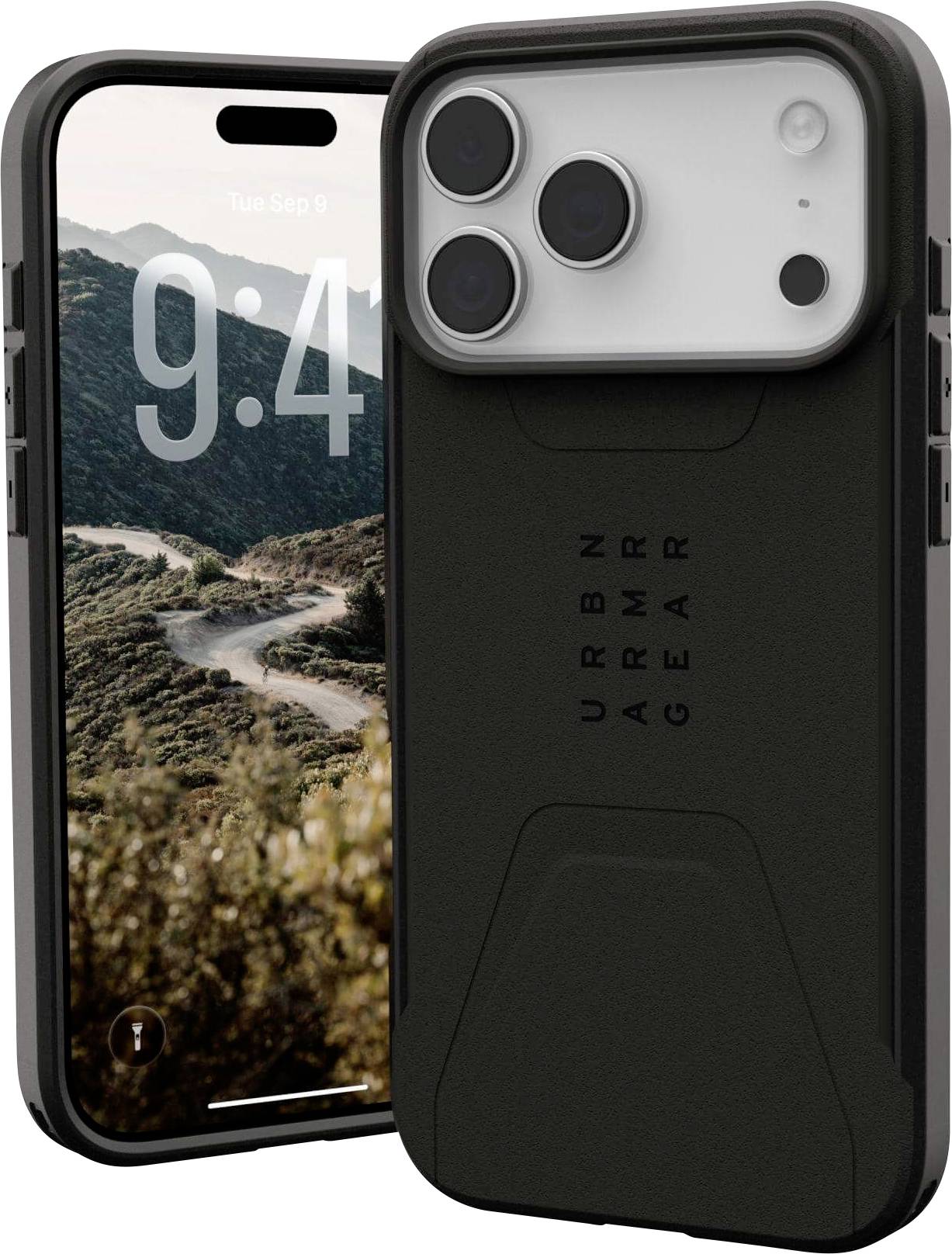 Deux smartphones avec des étuis robustes noirs. Un des téléphones affiche un fond d'écran représentant un sentier de montagne pittoresque avec l'heure '9:44'.