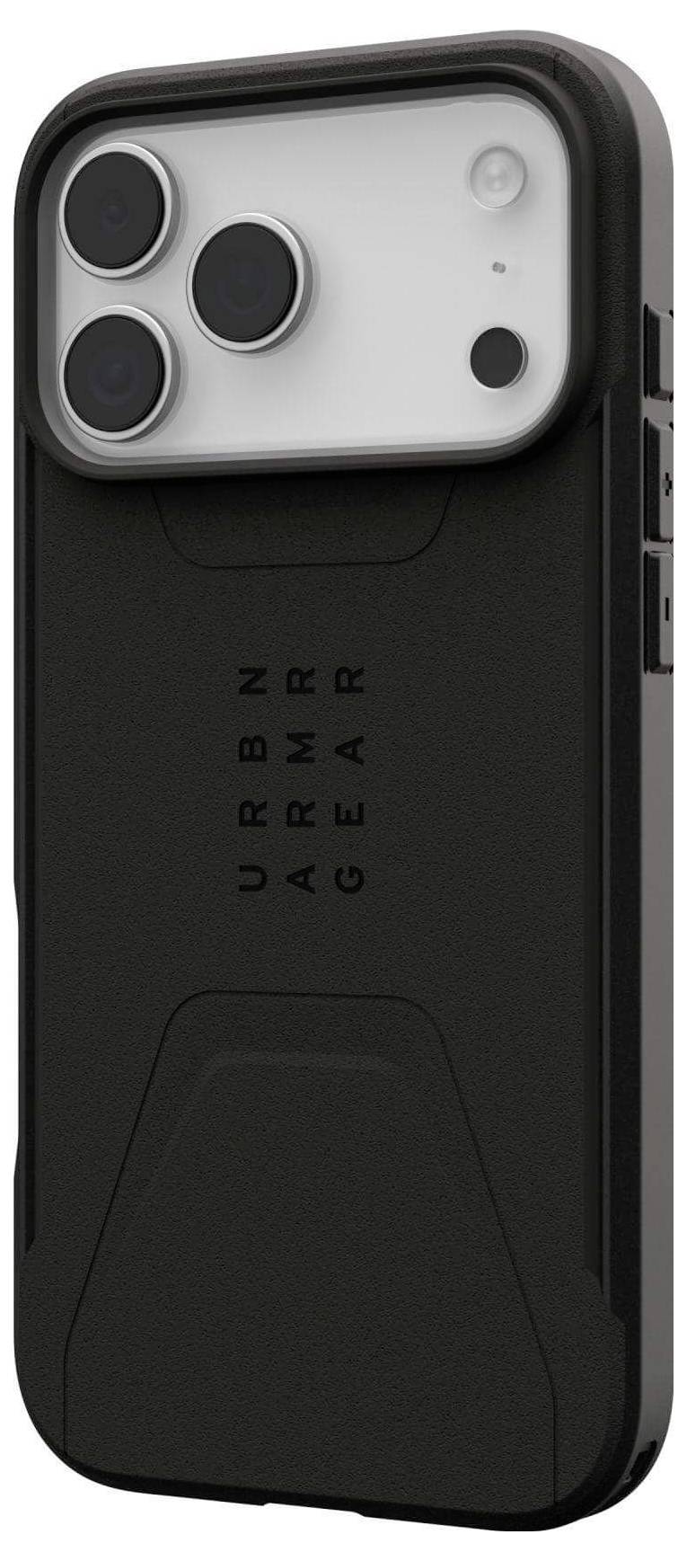 Un étui de protection noir pour smartphone avec trois découpes pour caméras, portant la marque 'URBN ARMOR GEAR', conçu pour sa durabilité et sa résistance aux chocs.