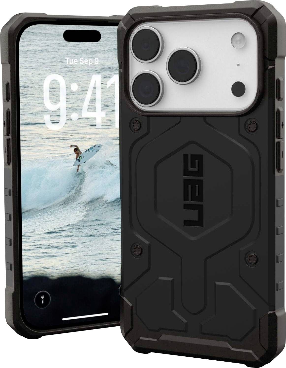 Un étui noir robuste au design géométrique est placé sur un téléphone. L'écran du téléphone affiche un surfeur chevauchant une vague et l'heure '9:41'.