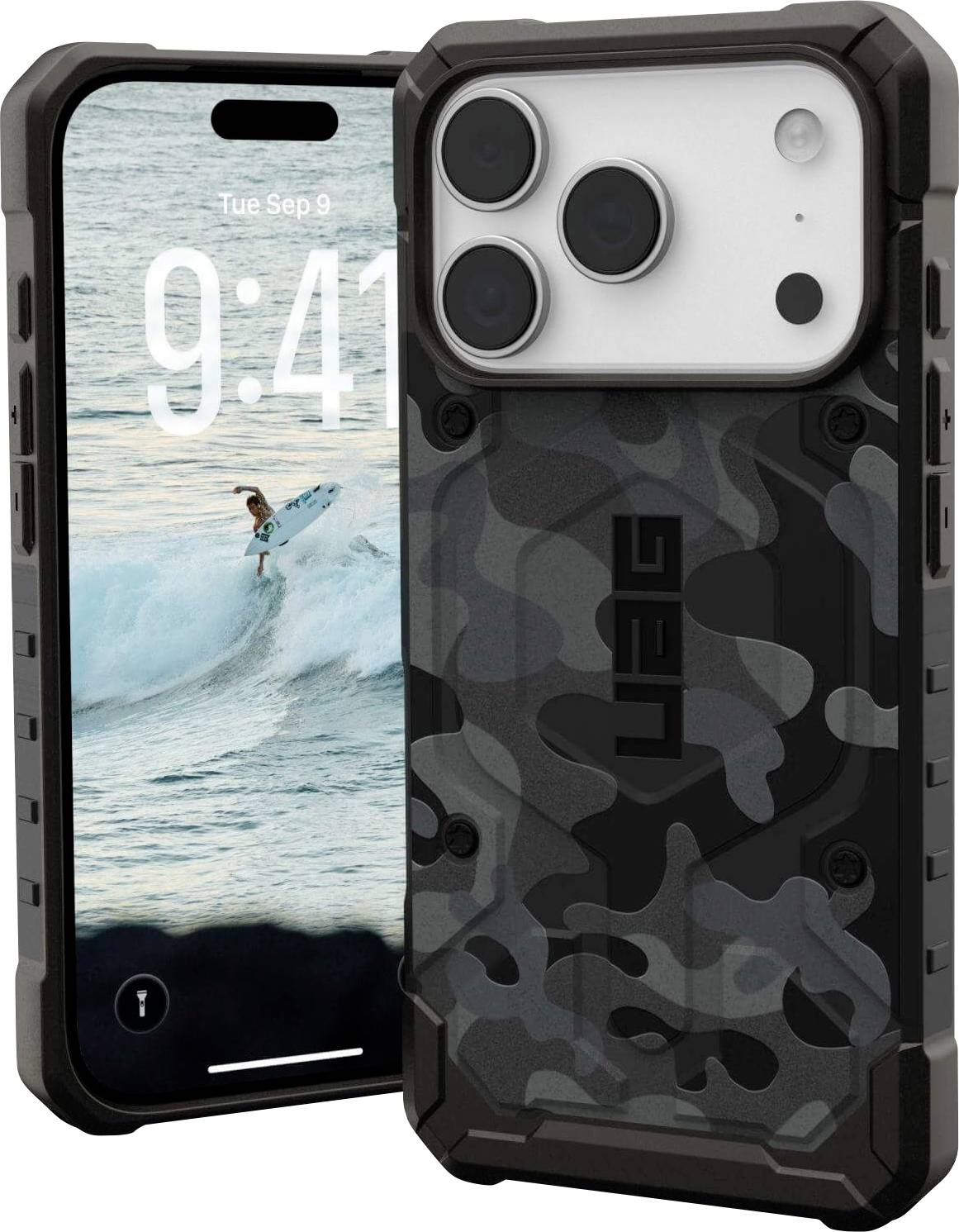 Smartphone dans un étui robuste noir et gris à motif de camouflage, affichant un surfeur sur une vague avec l'heure '9:41' sur l'écran.