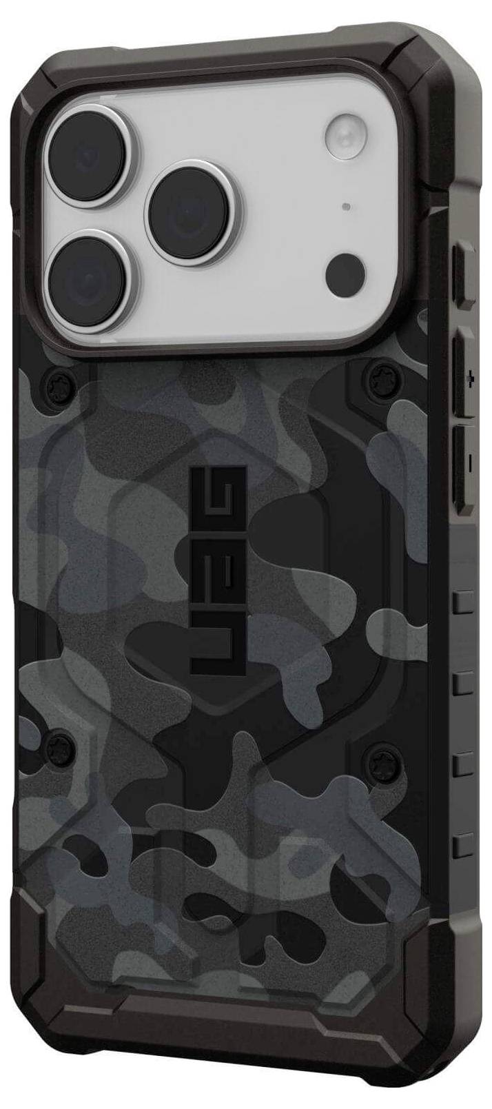 Étui de téléphone en noir et gris camouflage robuste, avec coins renforcés et trois découpes pour caméras. Adapté pour la protection et la durabilité.