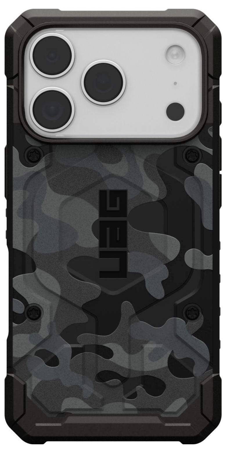 Un étui de téléphone robuste avec un motif de camouflage comportant trois grandes découpes pour caméra et des coins renforcés, conçu pour une protection maximale.