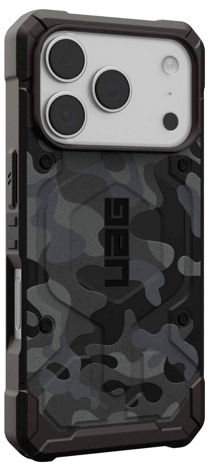 Un étui de smartphone robuste avec un motif de camouflage gris couvre un téléphone, soulignant sa durabilité et sa protection.
