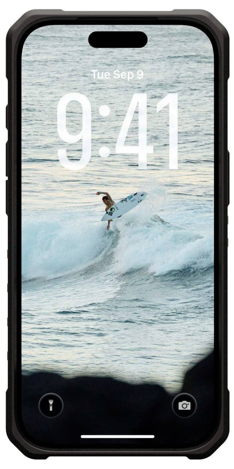 Un smartphone affichant un écran de verrouillage avec un surfeur chevauchant une vague, l'heure indiquée comme étant 9:41, et la date comme étant mardi 9 septembre.