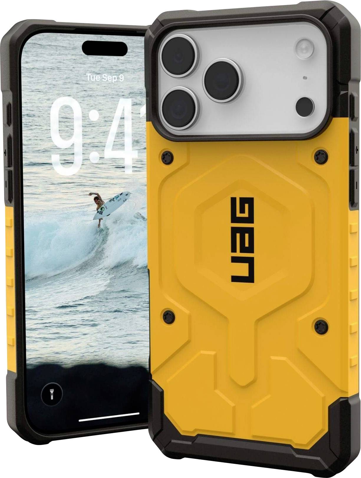 Un étui de smartphone robuste présentant un dos jaune vif avec un motif géométrique, et un écran ouvert montrant un surfeur chevauchant une vague.