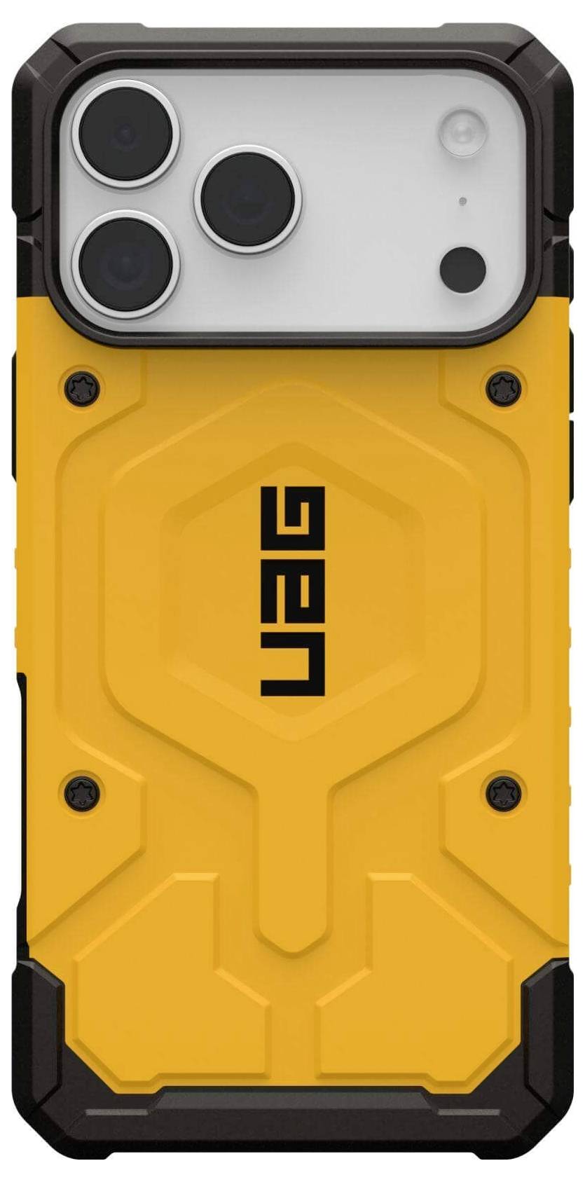 Un étui de téléphone robuste de couleur jaune avec la marque UAG et des bords renforcés en noir pour une protection améliorée.