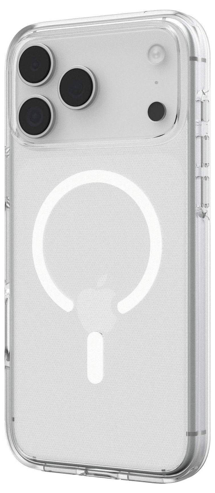 Étui de téléphone transparent mettant en évidence des découpes arrondies pour les caméras et un cercle d'alignement MagSafe visible avec un logo Apple en dessous.