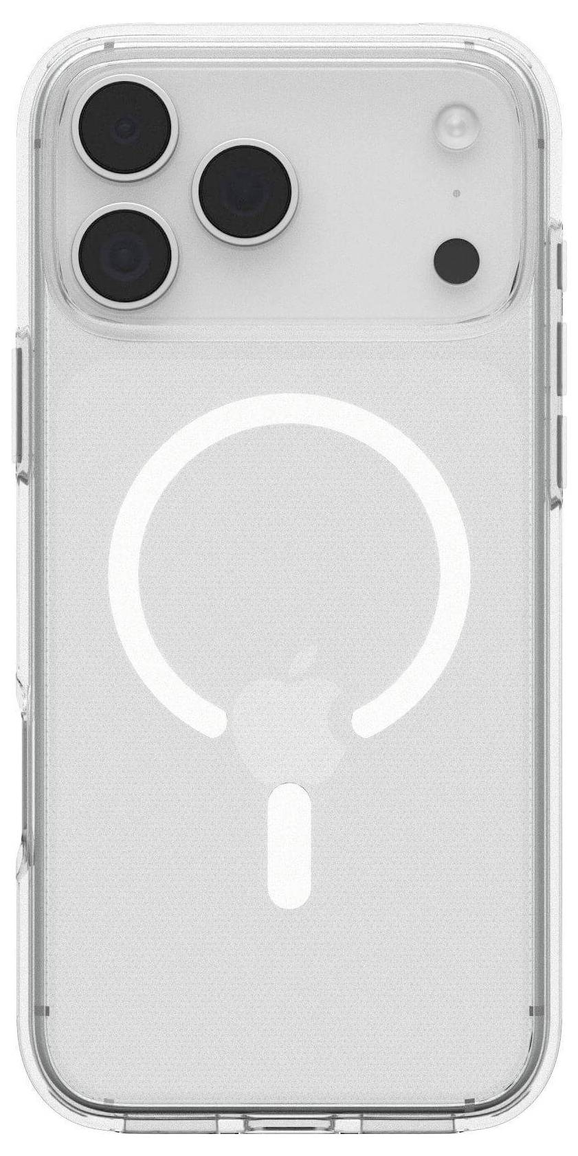 Étui transparent pour smartphone avec design compatible MagSafe, présentant un motif circulaire et linéaire, compatible avec plusieurs objectifs de caméra.