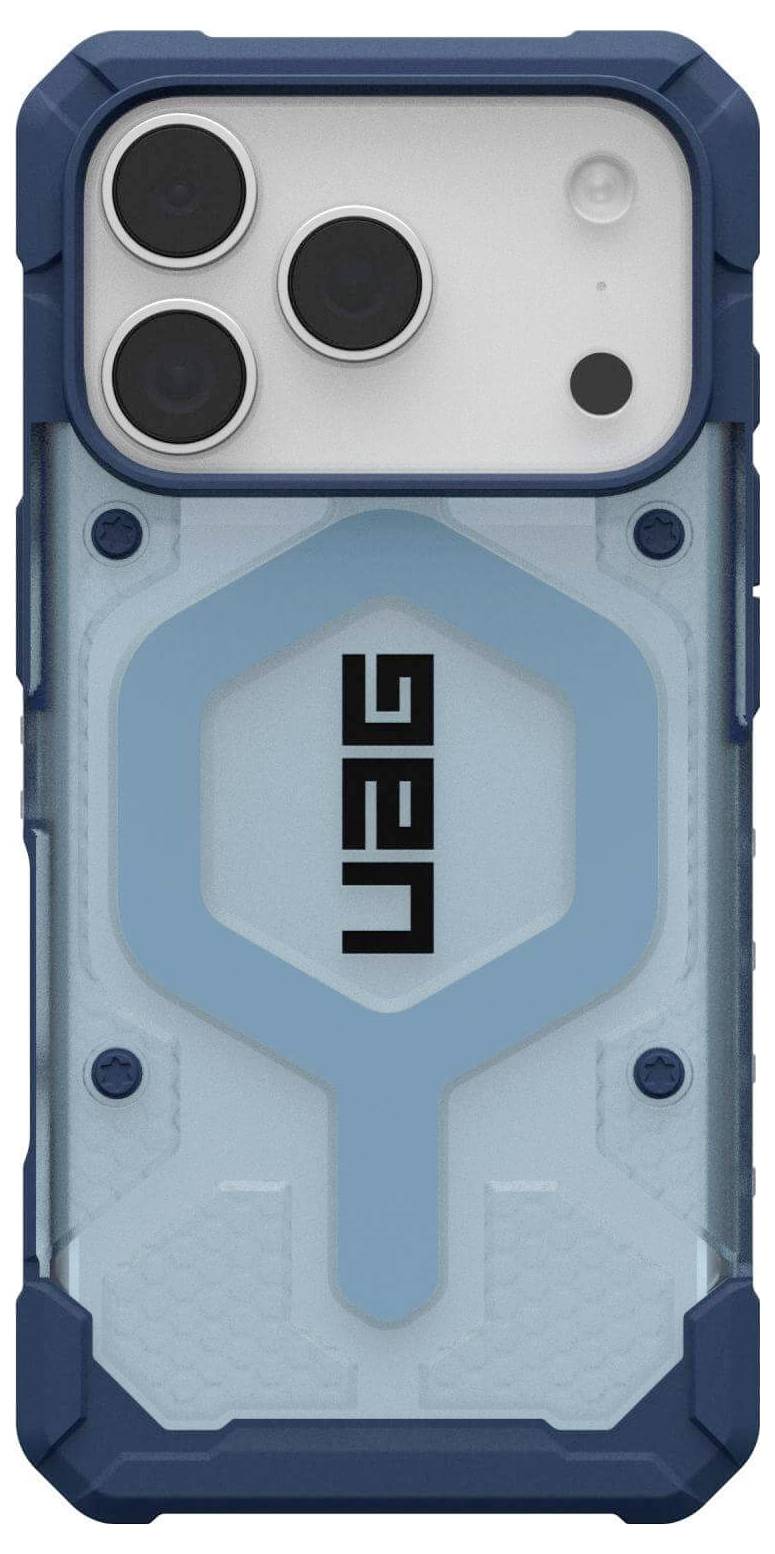 Un smartphone équipé d'un étui robuste bleu UAG, présentant un motif en nid d'abeille et des découpes prononcées pour l'appareil photo.