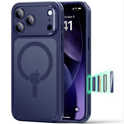 Un smartphone avec un étui bleu montrant son système de caméra arrière. Une représentation numérique d'une carte SIM en cours d'insertion est affichée à côté.