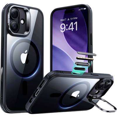 iPhone avec un étui transparent élégant révélant le logo Apple et la fonctionnalité MagSafe circulaire. Un anneau support et des attaches magnétiques sont visibles.