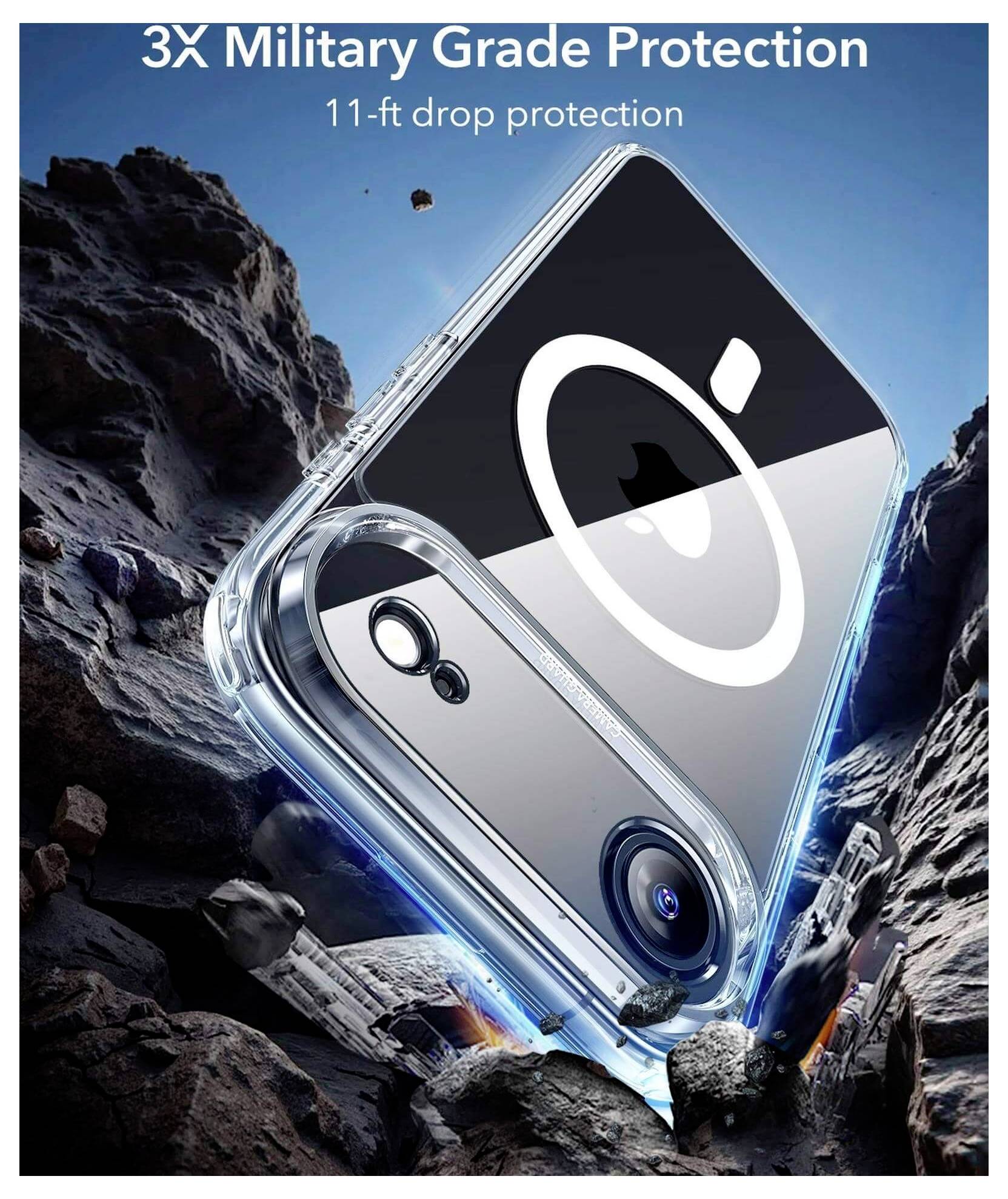 Étui de téléphone avec protection militaire de niveau 3X, présentant une résistance aux chutes de 3,35 mètres. Présenté sur un fond de paysage escarpé.