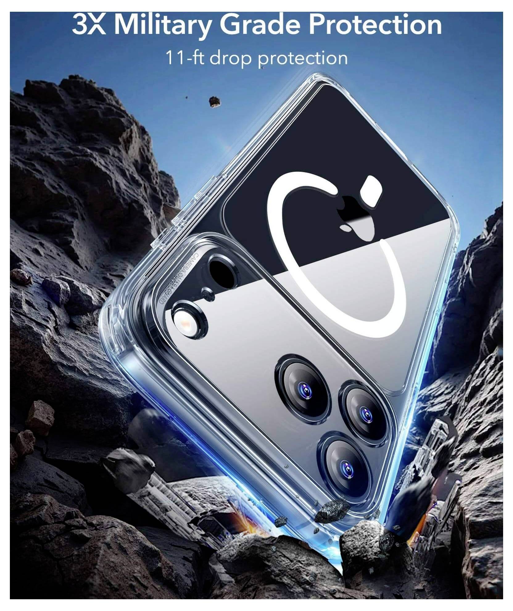 Un smartphone avec un étui offrant une «protection militaire de niveau 3X», démontrant sa robustesse sur un terrain rocheux avec une «protection contre les chutes de 11 pieds».