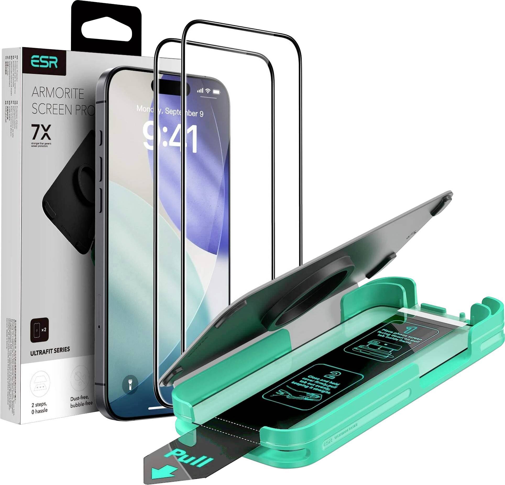 Kit de protecteur d'écran ESR Armorite pour iPhone, montrant deux protecteurs en verre et un plateau d'installation pour une application facile.