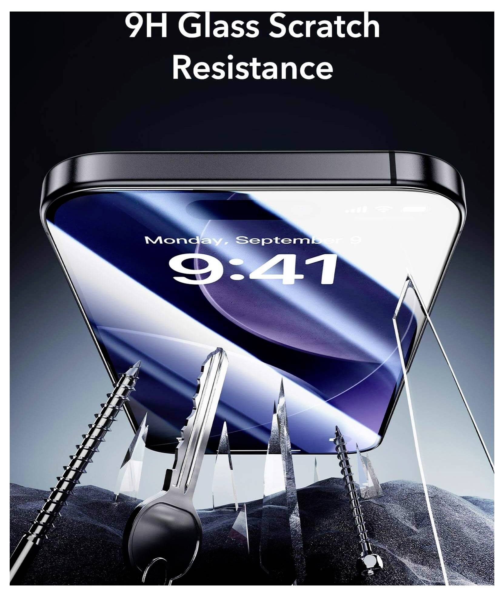 Un écran de smartphone est montré résistant aux rayures causées par divers objets tranchants, avec le texte « Résistance aux rayures Verre 9H » au-dessus.