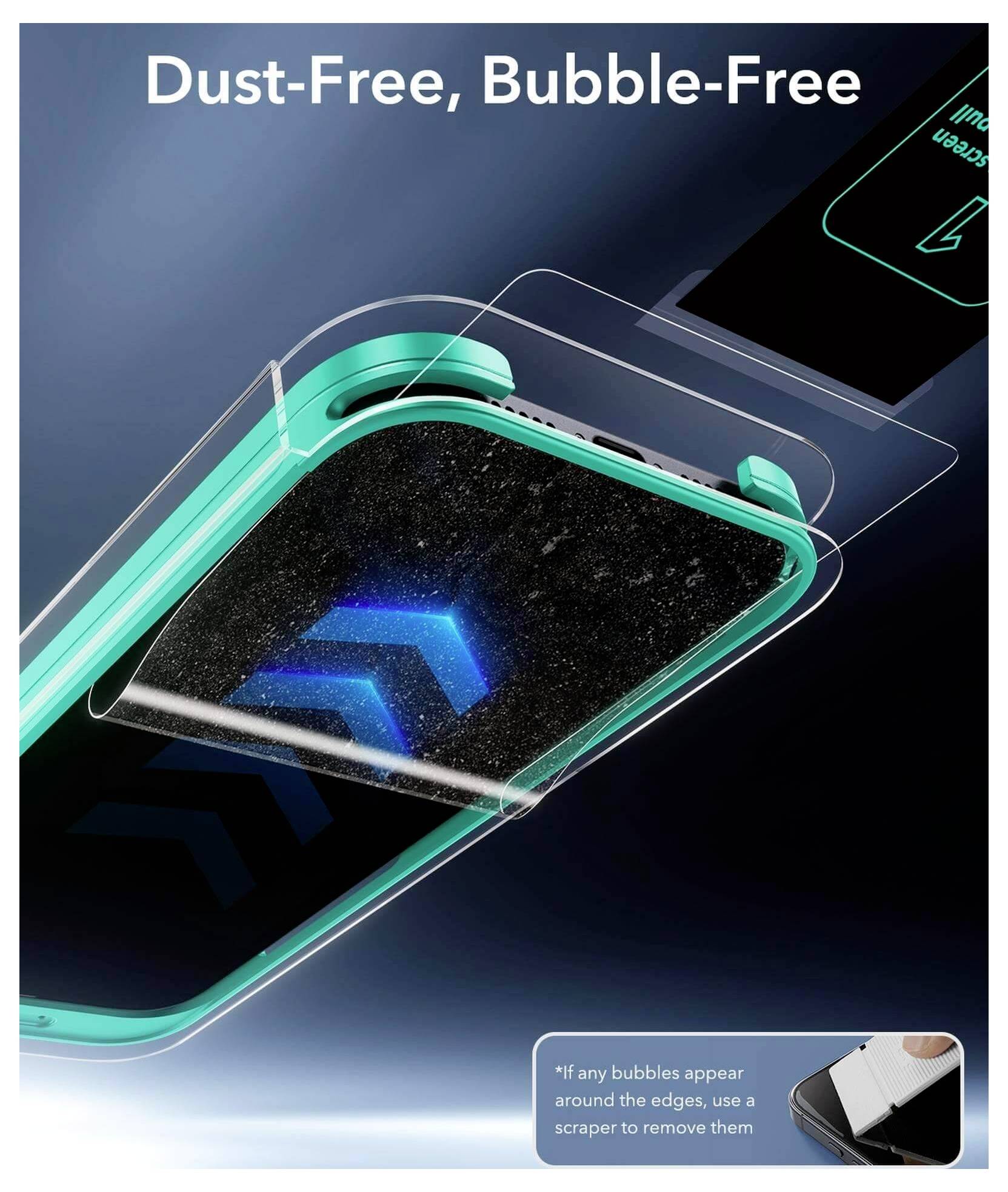 « Image d'un protecteur d'écran de téléphone en cours d'application ; le texte indique « Sans poussière, Sans bulles ». Un petit encart montre un grattoir pour éliminer les bulles. »