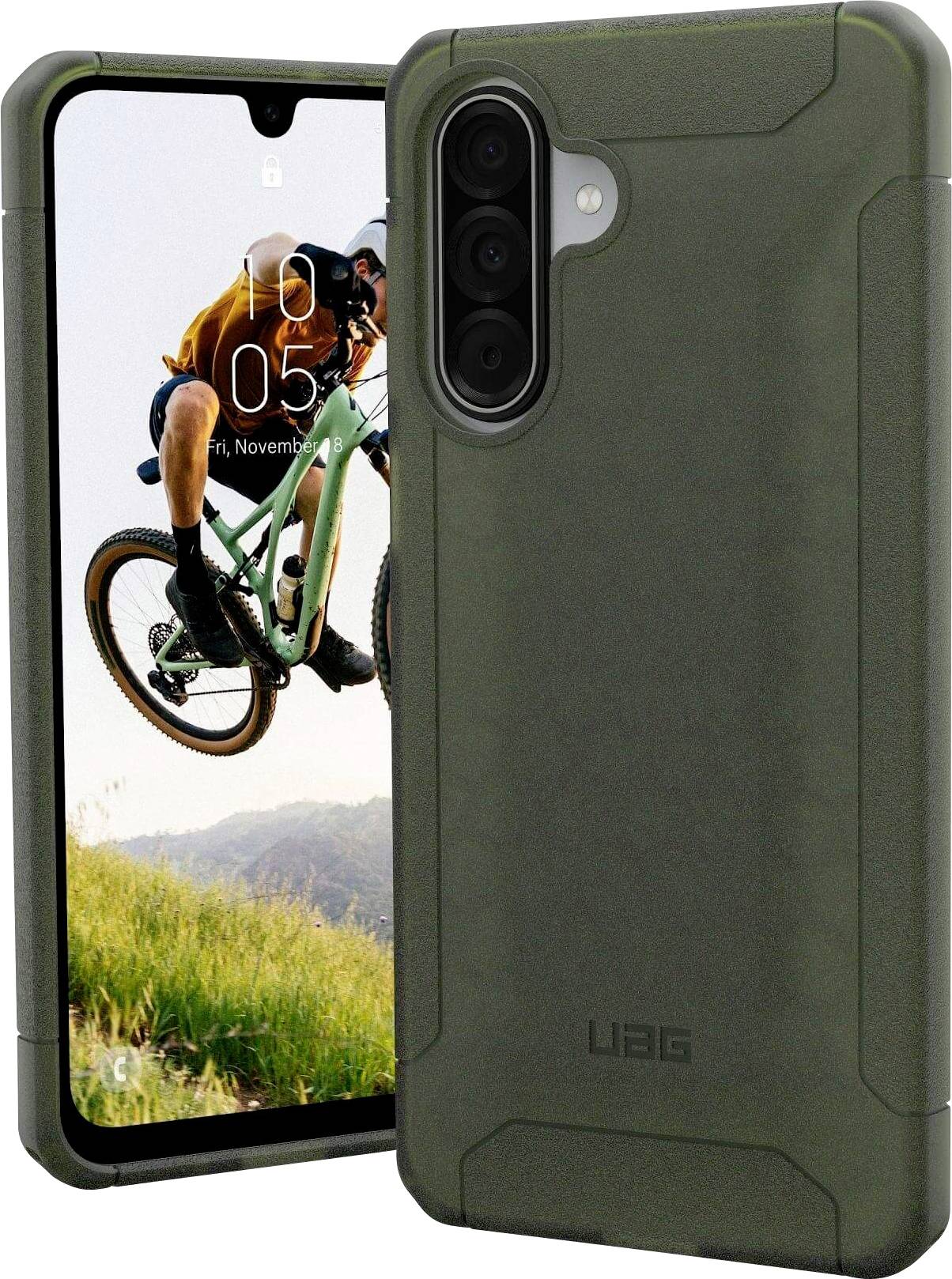 Un smartphone avec un étui de protection vert affiche un écran montrant un cycliste effectuant un saut en extérieur, mettant en évidence la durabilité et l'esprit d'aventure.
