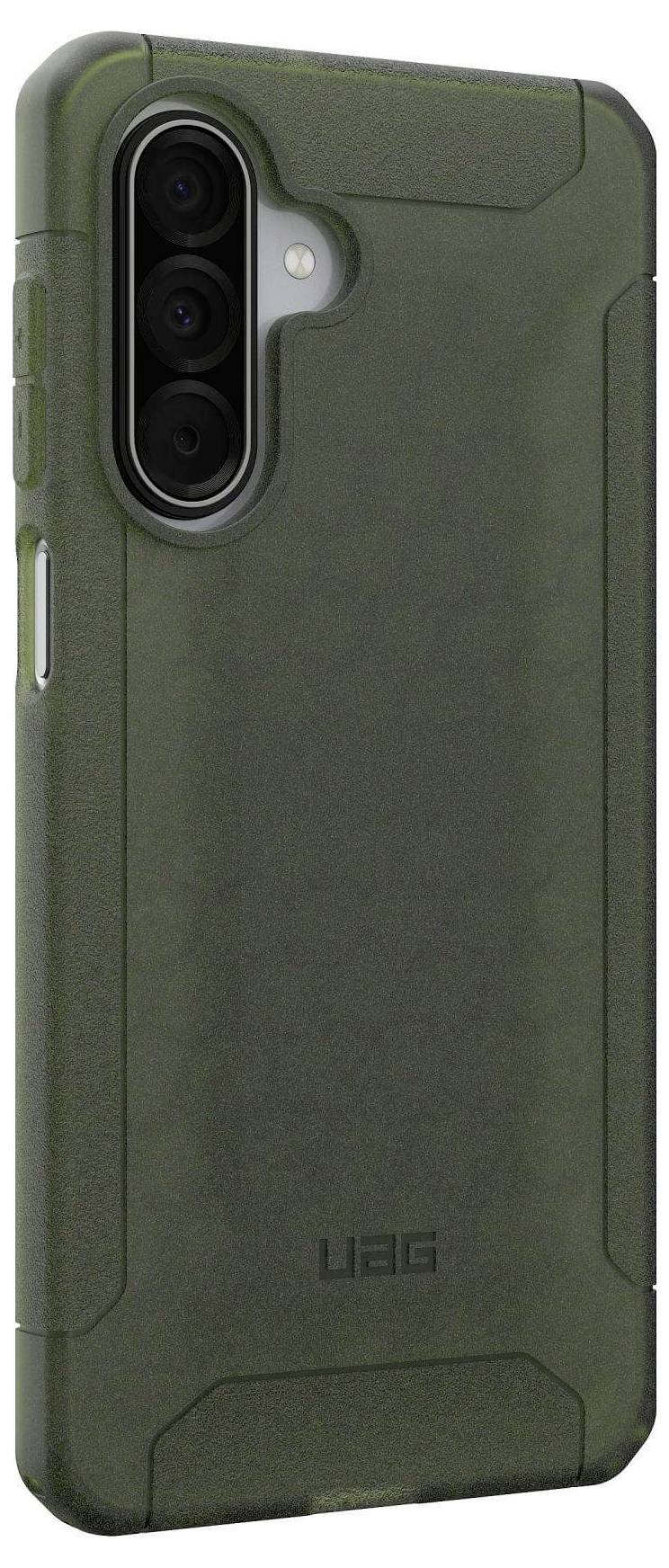 Un étui de smartphone robuste et vert, doté de caractéristiques de prise en main améliorées et de fonctionnalités de protection renforcée, recouvrant un téléphone équipé d'un appareil photo triple objectif.