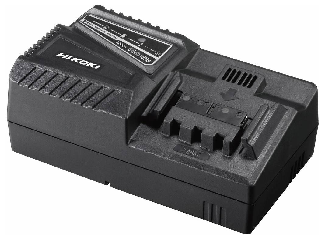 Un chargeur de batterie HiKOKI noir avec des indicateurs de statut de charge.