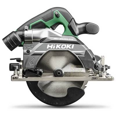 Une scie circulaire HiKoki avec moteur sans balais, présentant un design argent et noir avec des touches vertes, utilisée pour couper différents matériaux.