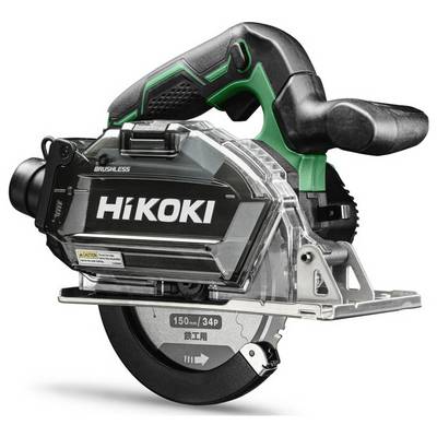 « Une scie circulaire sans fil portant l'étiquette « HiKOKI » avec une poignée noire et verte, un carter de protection transparent et une lame de 150 mm, conçue pour couper le bois. »