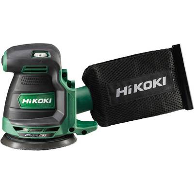 Ponceuse portable de marque 'HiKOKI' verte et noire avec sac de collecte de poussière attaché, étiquetée 'SANS BALAIS'.