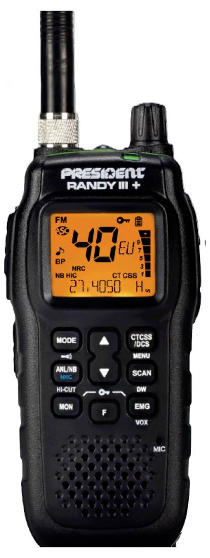 Émetteur-récepteur portatif avec écran LCD affichant la fréquence '27.4050'. Plusieurs boutons de commande pour différentes fonctions radio sont visibles.